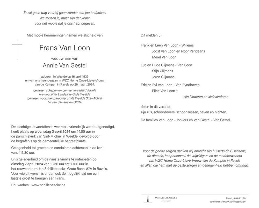 Van Loon Frans rouwkaart